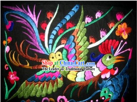 Chinese Large Miao Minority Silk Thread Hand Embroidery Art-A Peacock in His Pride