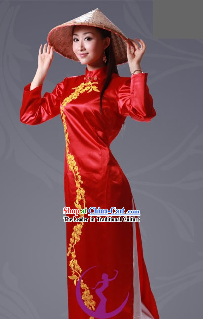 Chinese Jing Minority Costume and Bamboo Hat Complete Set
