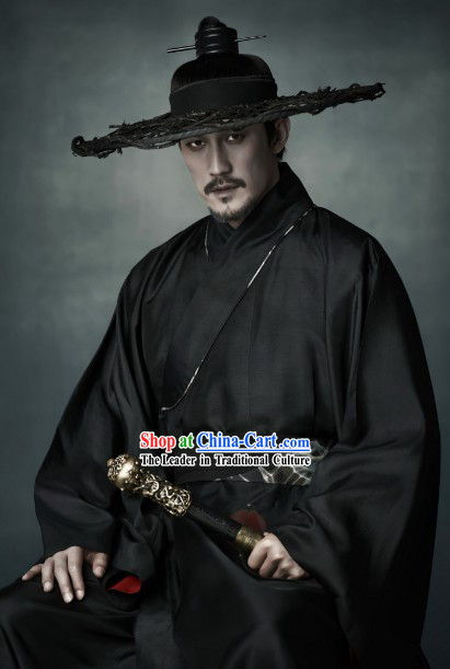 Black Ancient Chinese Swordsman Clothing and Bamboo Hat for Men
