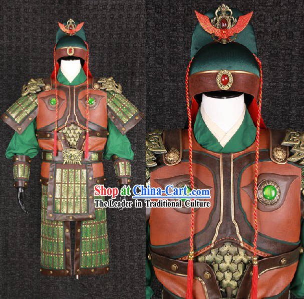 Ancient Chinese Three Kingdoms Guan Yu Guan Gong Armor Costumes and Helmet Complete Set for Men