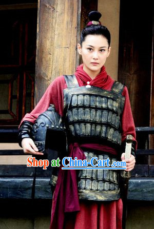 Chinese Costume Chinese Qin Dynasty Period Classic Red Female Superhero Armor Suit Costumes Complete Set for Men or Women
