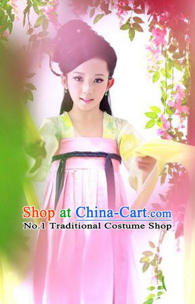 Pink Chinese Ancient Tang Dynasty Kids Costumes and Headpieces Complete Set