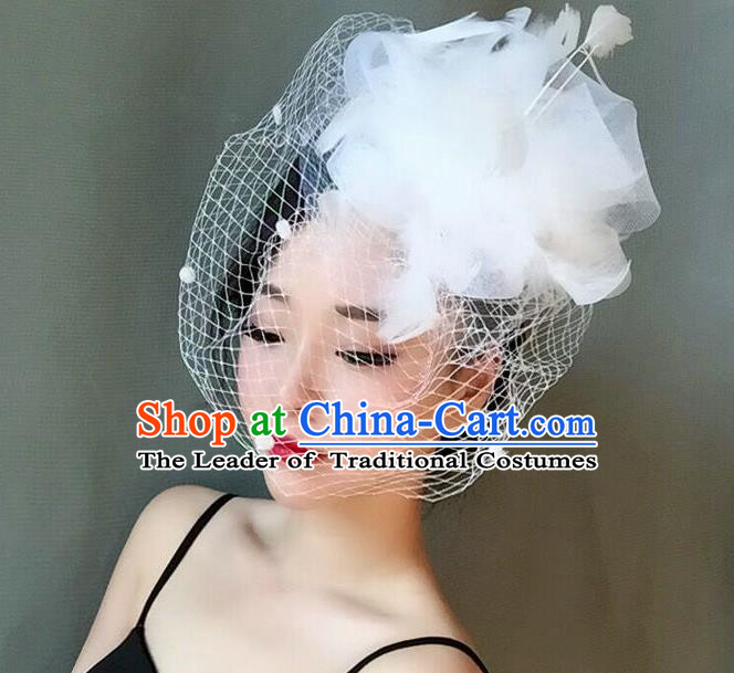 Handmade Wedding Hair Accessories White Veil Feather Top Hat, Bride Ceremonial Occasions Vintage Headwear