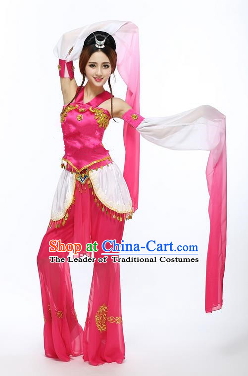 Traditional Chinese Ancient Yangge Fan Dancing Costume, Folk Dance Water Sleeve Uniforms, Classic Ancient Chang e Flying Moon Dance Elegant Fairy Dress Drum Palace Dance Red Clothing for Women