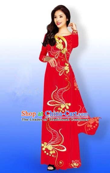 Traditional Top Grade Asian Vietnamese Costumes Dance Dress and Loose Pants, Vietnam National Women Ao Dai Dress Printing Long Red Cheongsam Clothing Complete Set