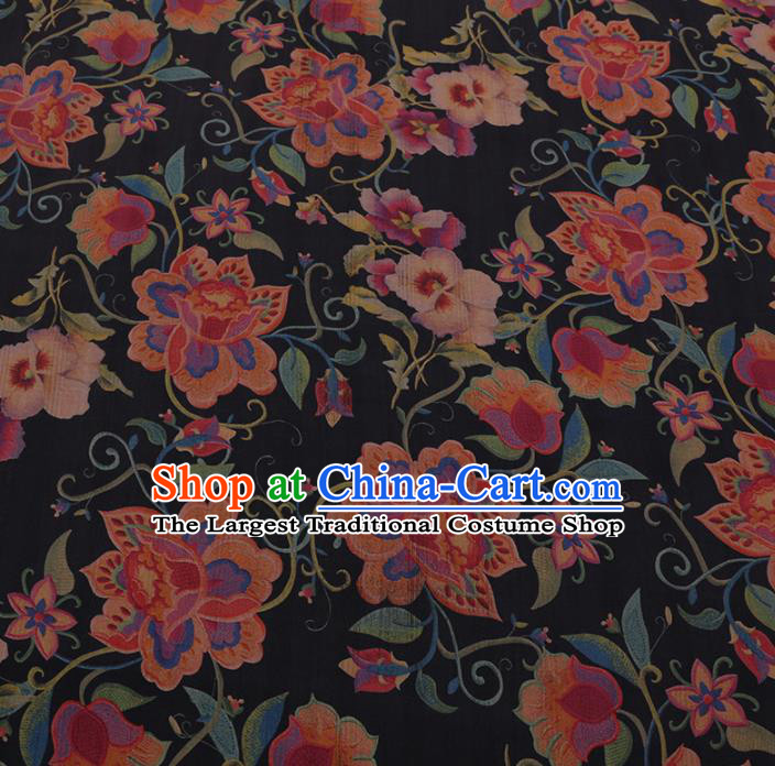Chinese Classical Black Satin Plain Traditional Phalaenopsis Pattern Cheongsam Drapery Silk Fabric Gambiered Guangdong Gauze