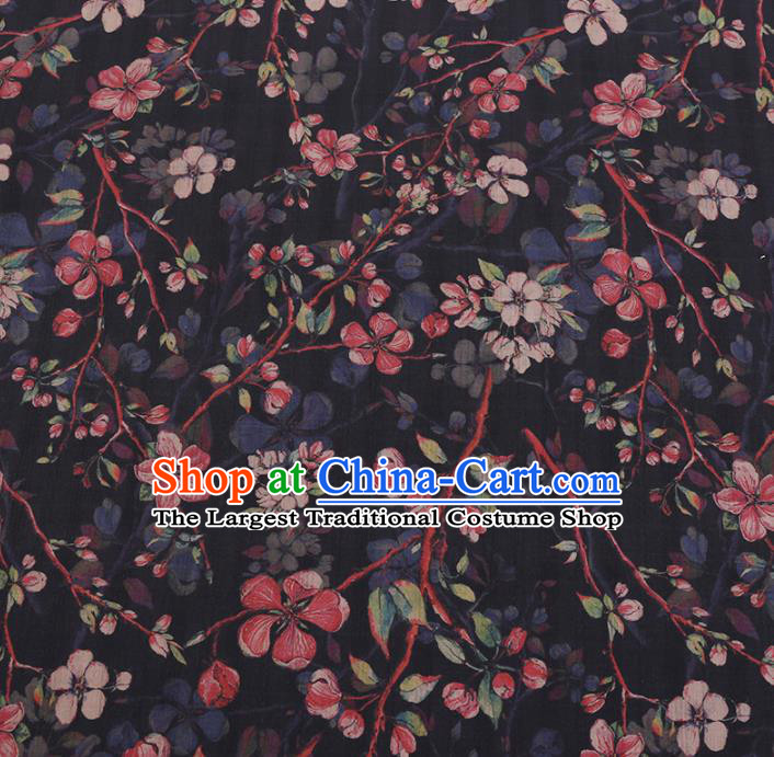 Chinese Classical Black Satin Plain Traditional Peach Blossom Pattern Cheongsam Drapery Silk Fabric Gambiered Guangdong Gauze