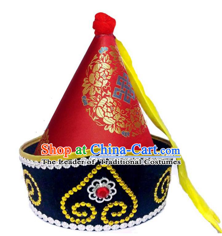 Chinese Handmade Mongol Nationality Wedding Hats Hair Accessories Mongolian Red Hats for Men