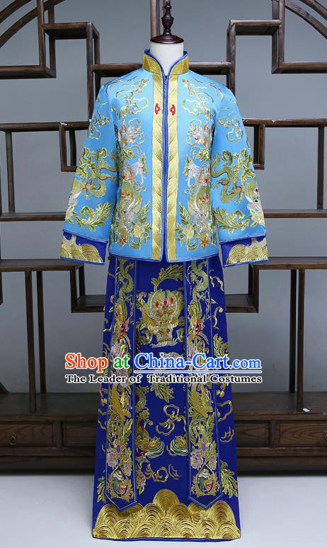 Ancient Chinese Male Wedding Toast Costumes Traditional Bridegroom Tang Suit Blue Long Robe for Men