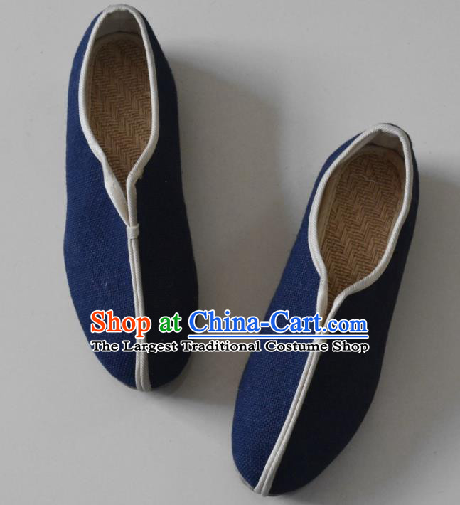 Chinese Traditional National Navy Linen Shoes Martial Arts Shoes Ancient Monk Shoes for Men
