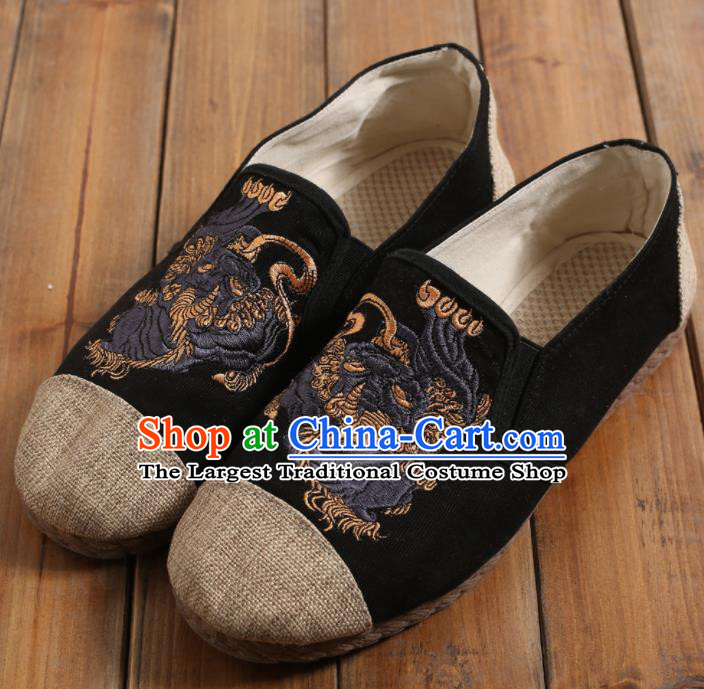 Chinese Traditional National Embroidered Shoes Martial Arts Shoes Ancient Monk Black Linen Shoes for Men