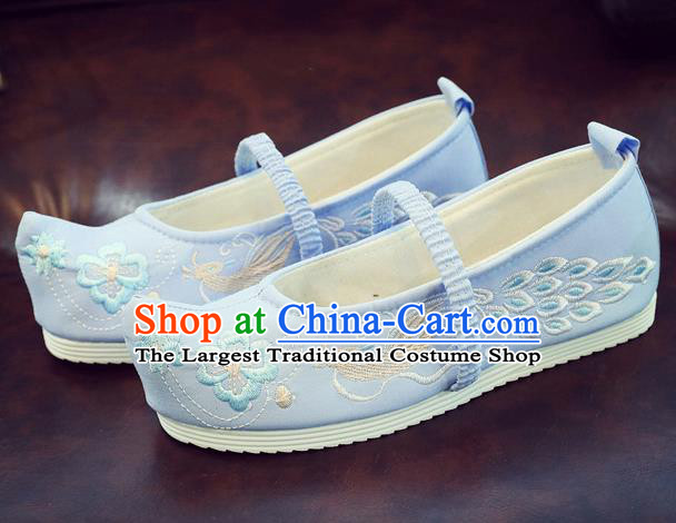 Asian Chinese Traditional Embroidered Peacock Blue Shoes Hanfu Shoes National Cloth Shoes for Kids