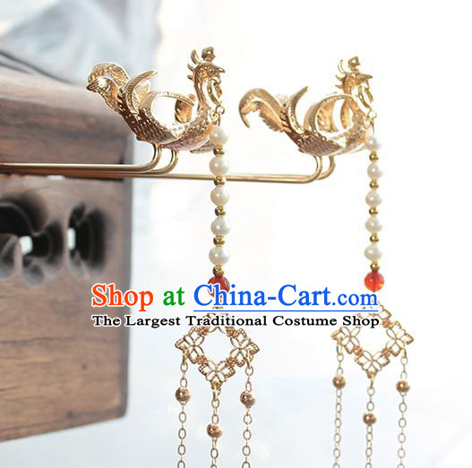 Chinese Classical Golden Phoenix Tassel Hair Stick Handmade Hanfu Hair Accessories Ancient Ming Dynasty Empress Hairpins