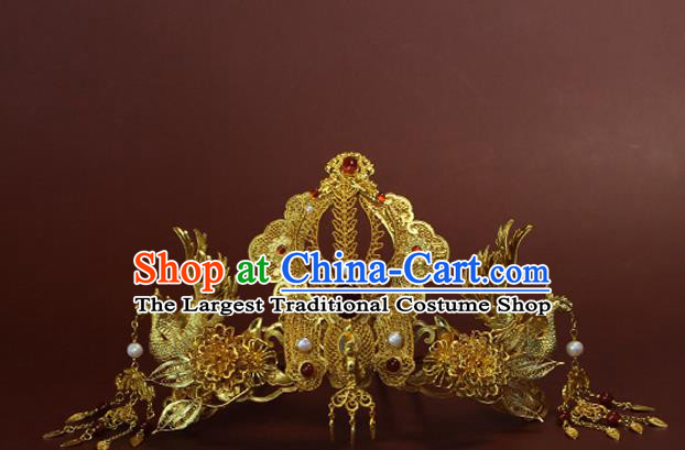 China Ancient Empress Hairpin Traditional Ming Dynasty Wedding Golden Phoenix Hair Crown