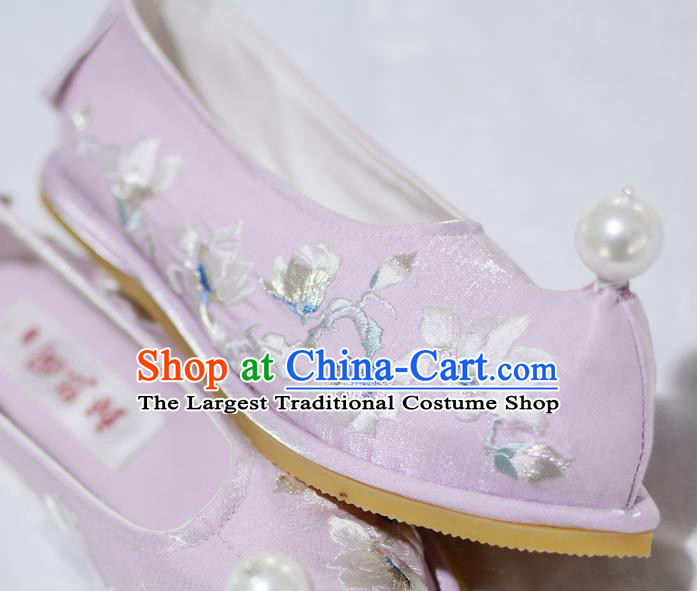 Handmade Chinese Traditional Hanfu Bow Shoes Ancient Princess Lilac Satin Shoes Embroidered Mangnolia Shoes
