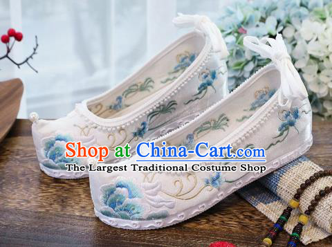 China Traditional White Cloth Shoes Hanfu Bow Shoes Handmade National Pearls Shoes Embroidered Peony Shoes