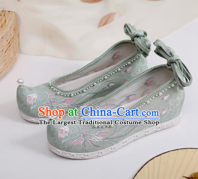 China Embroidered Phoenix Green Shoes Hanfu Bow Shoes Traditional Pearls Shoes Handmade National Shoes