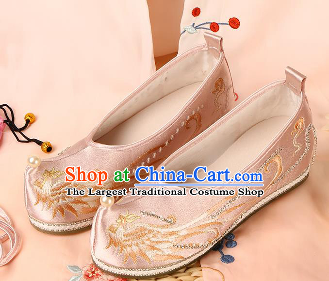 Handmade Chinese Traditional Hanfu Pink Satin Shoes Ming Dynasty Embroidered Phoenix Shoes Ancient Princess Shoes