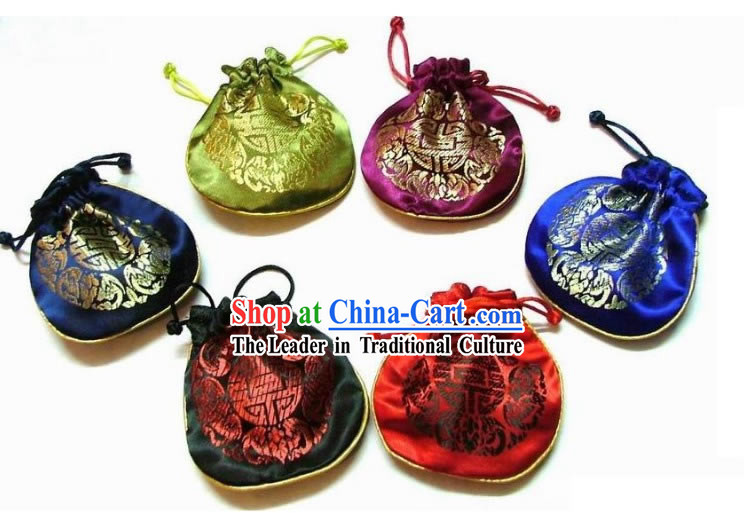 Chinese Classic Silk Drawstring Jewellery Pouches Set-Fu _5 pieces_