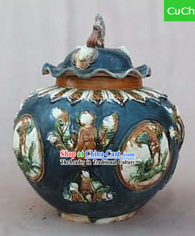 Chinese Classic Archaized Tang San Cai Statue-Tang Dynasty Lottus Leaf Lidded Jar