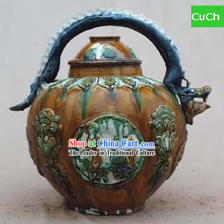 Chinese Classic Archaized Tang San Cai Statue-Dragon Head Shaped Handle Kettle