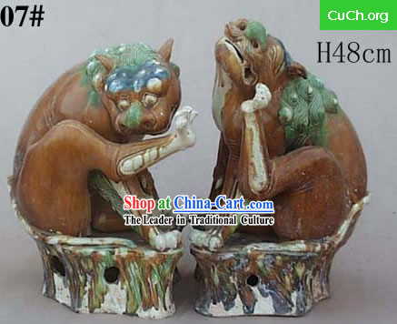 Chinese Classic Archaized Tang San Cai Statue-Pair of Seated Foo Dogs