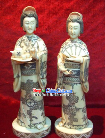 Chinese Classic Ox Bone Handicraft Sculpture Statue-Japanese Tea Women Pair