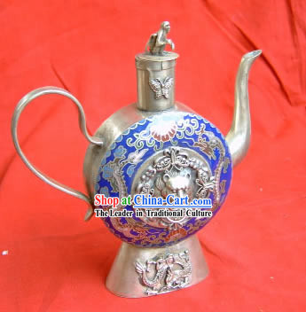 Chinese Palace Silver Cloisonne Lion King Head Kettle