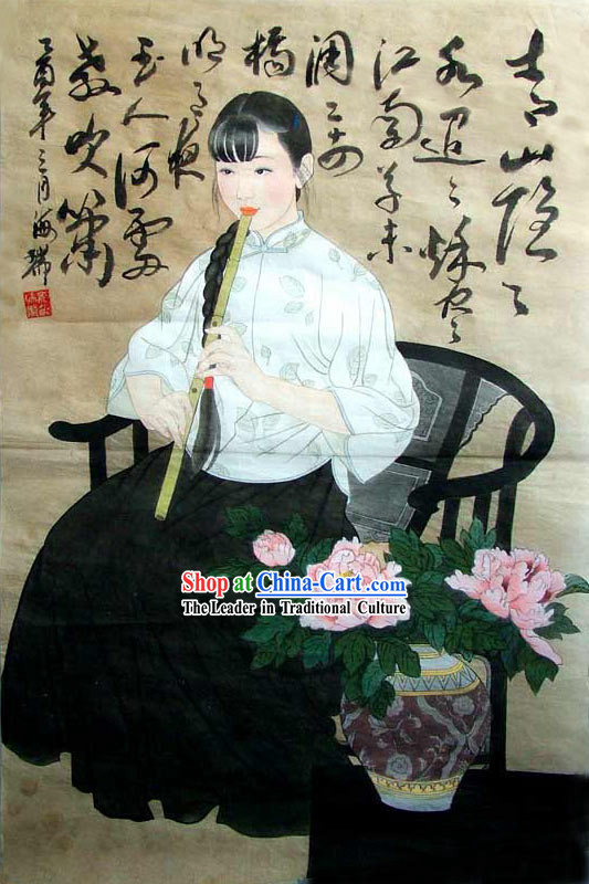 Chinese Traditional Painting-Beauty Playing Flute