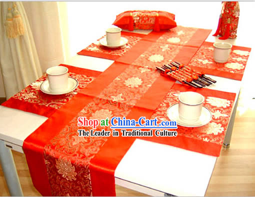 China Red Silk Table Runners Set_seven pieces substantial set_