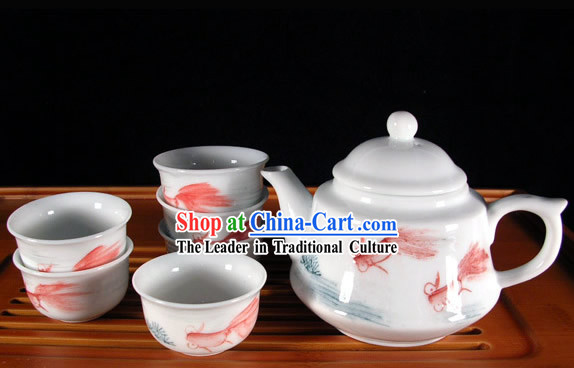 China Jingde Porcelain Hand Painted Goldfish Kungfu Tea Set