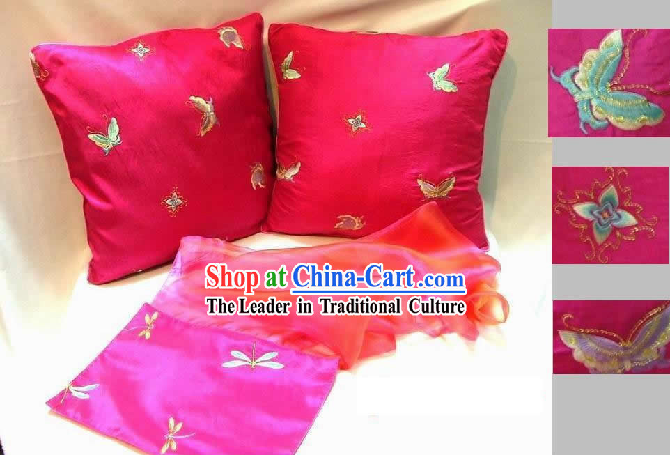 Chinese Hand Embroidery Butterfly Cushion and Table Runner Set