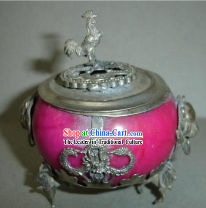 Chinese Pink Palace Style Silver and Jade Censer