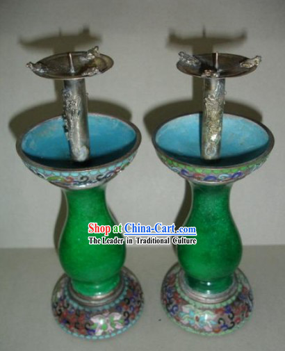 A Pair of Chinese Ancient Palace Green Jade Cloisonne Candleholder