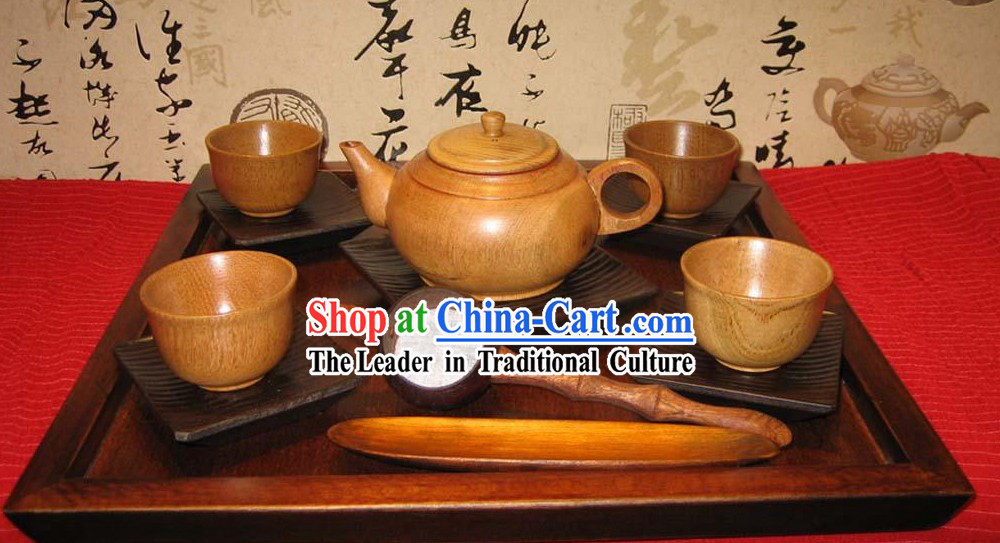 Chinese Hand Made Birch Wooden Tea Set _13 Pieces_