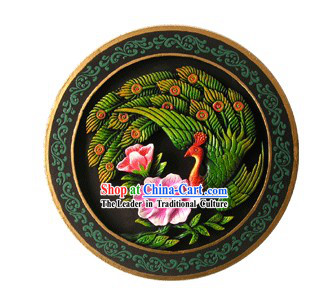 Chinese Hand Carved Healthy Active Carbon Round Plate-Peacock