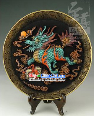 Chinese Hand Carved Healthy Active Carbon Round Plate-Kylin