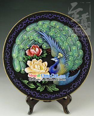 Chinese Hand Carved Healthy Active Carbon Large Round Plate-Peacock