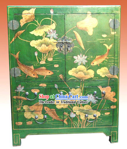 Chinese Classic Green Lotus Carp Cabinet