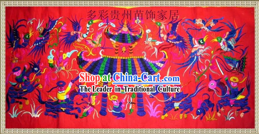 Chinese Large Miao Minority Silk Thread Hand Embroidery Art-Temple Fair