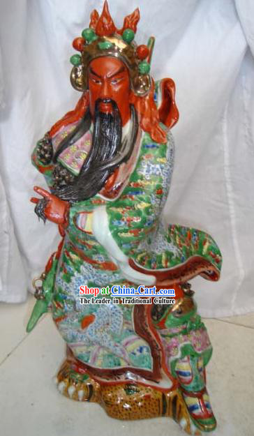 Chinese Jingde Colorful Ceramics Gwan Gong Statue