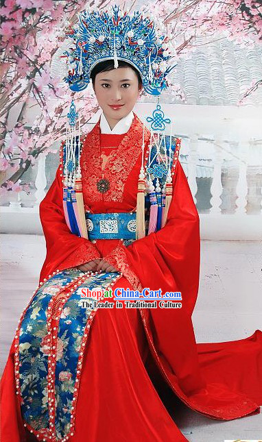 Supreme Chinese Traditional Red Wedding Dress and Phoenix Crown Complete Set