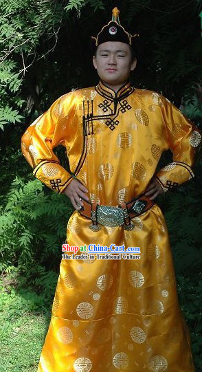 Chinese Traditional Mongolian Emperor Golden Long Robe and Hat Complete Set