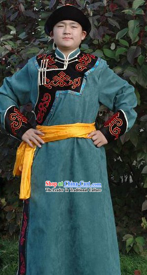 Chinese Traditional Handmade Mongolian Long Robe and Hat for Men