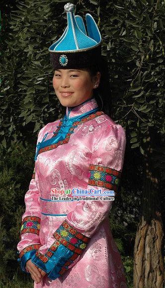Chinese Traditional Handmade Mongolian Long Robe and Hat Complete Set _pink_