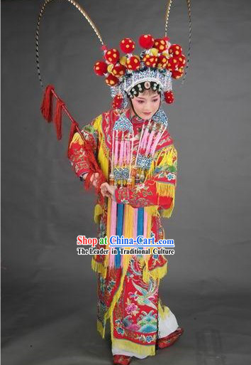 Supreme Chinese Traditional Heroine Hu Mu Lan Costumes, Crown and Whip Complete Set