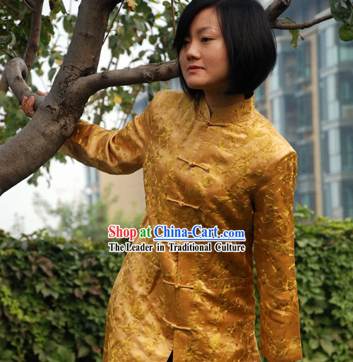 Chinese Stunning Handmade and Embroidered Gold  Floral Long Silk Overcoat for Women