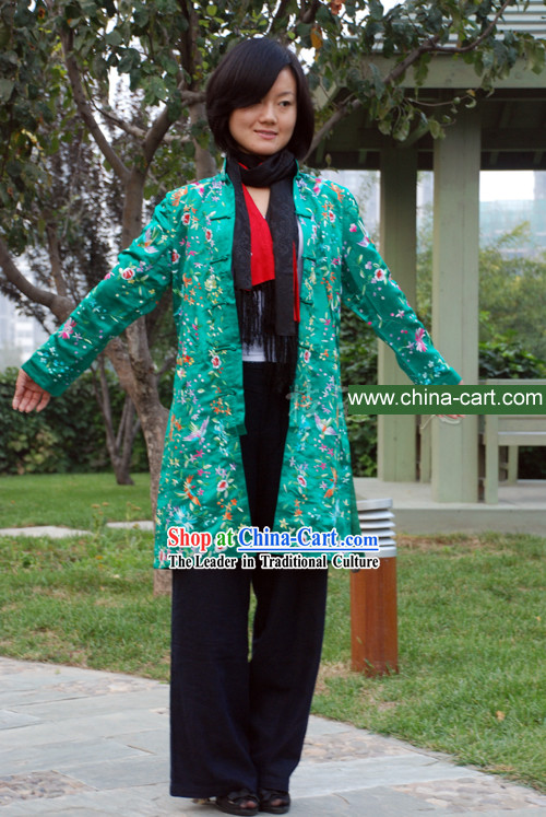 Chinese Stunning Handmade and Embroidered Floral Green Dress for Women