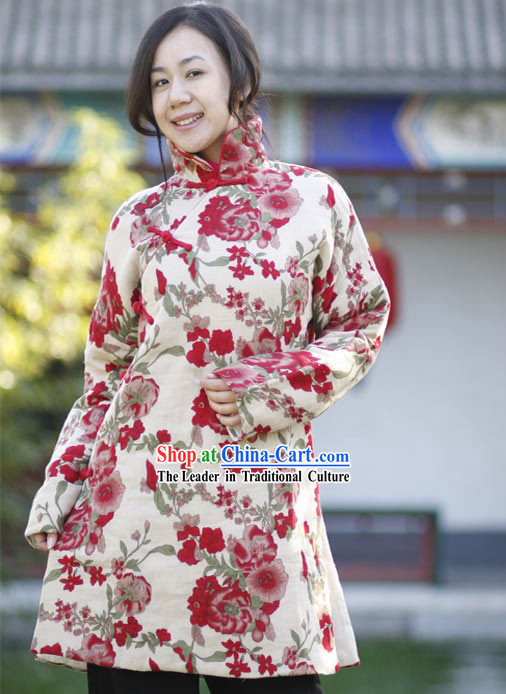 Chinese Classical Handmade Folk Floral Cotton Long Jacket for Women
