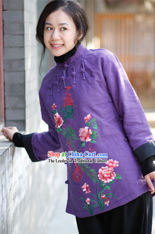 Chinese Traditional Handmade and Embroidered Phoenix Flax Overcoat for Women